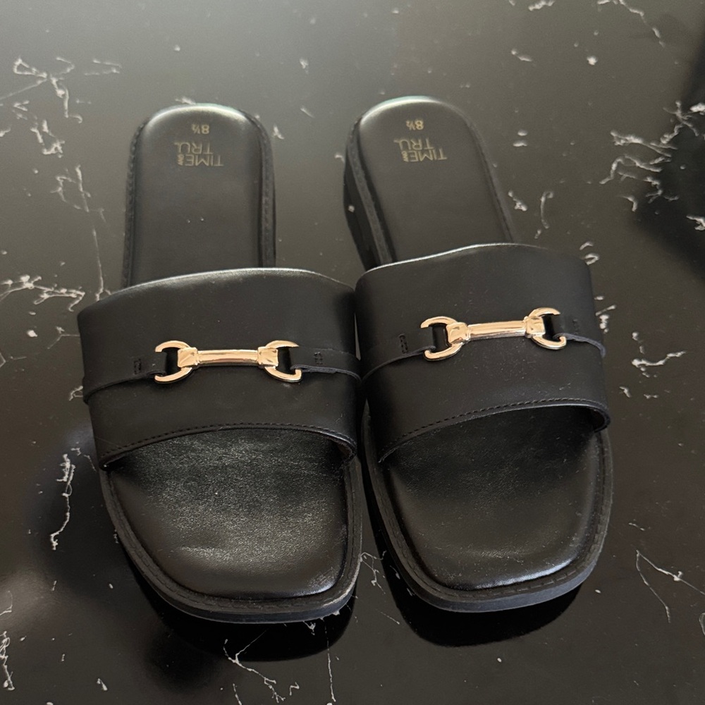 Time and Tru Black Slide Sandals with Gold Horsebit Accent